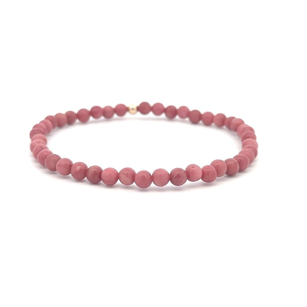 Rhodonite Gemstone Beaded Stretch Bracelet 14K Gold Accent Bead Handmade - Picture 4 of 8